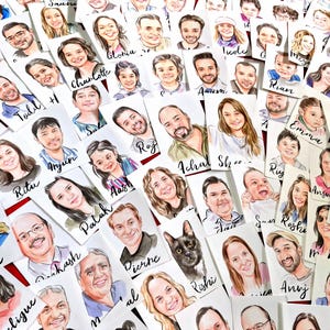 Cartões de lugar com nome de convidados de casamento pintados à mão personalizados, lembrancinhas de convidados de casamento, caricaturas de retratos de convidados de casamento