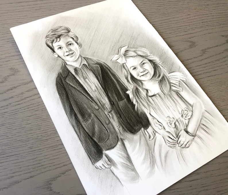 Custom Charcoal Portrait From Photo Hand Drawn Pencil Portrait , Gift for loved Ones, pencil portrait image 1