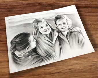 Custom Hand-Drawn Charcoal Portrait from Photo, Family Keepsake