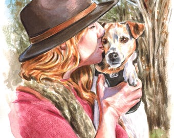 Retrato de mascota en acuarela personalizado: arte dibujado a mano de su mascota y su dueño