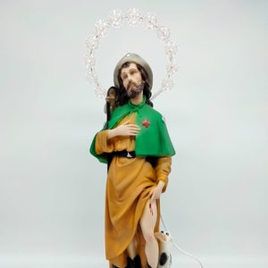 Statue of Saint Rocco, 45 cm high (17.71 inches) in colored resin with luminous halo, made in Italy - 220 V
