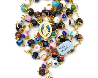 Multicolored Murano glass Catholic rosary with cross and enameled Miraculous Madonna medal - Venetian Murano glass rosary