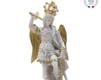 Statue of St. Michael the Archangel white and gold details 30 cm high ( 11.81'') solid resin - Made in Italy