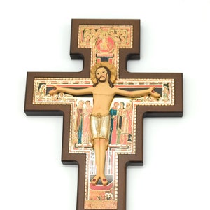 Crucifix Cross of San Damiano in wood, 25 cm. 3D effect. The Cross of San Damiano. 9.84&#39;&#39; Cross of St. Damian in wood. MADE IN ITALY