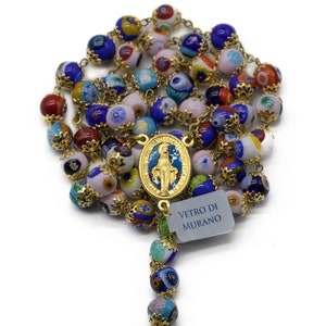 Multicolored Murano glass Catholic rosary with cross and enameled Miraculous Madonna medal - Venetian Murano glass rosary