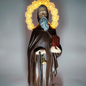 11.81&quot; resin statue of St. Anthony Abbot, 30 cm tall, with a luminous halo (220V). From Italy.