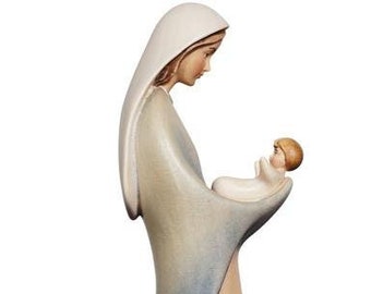 Estatua de madera de la Virgen de la Protección, Madonna Geborgenheit, Madonna de diseño moderno, hecha en Val Gardena