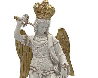 Statue of St. Michael the Archangel white with gold details 30 cm ( 11.81'') high in solid resin - Made in Italy