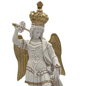 Statue of St. Michael the Archangel white with gold details 30 cm ( 11.81&#39;&#39;) high in solid resin - Made in Italy