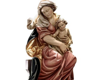 Wooden statue of Madonna sitting with baby Jesus, made in Val Gardena MADE IN ITALY