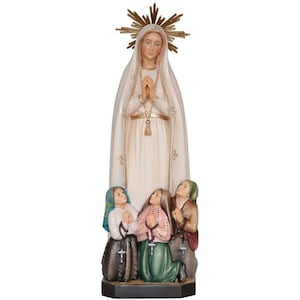 Estatua de madera de Nuestra Señora de Fátima con 3 niños pastores. Estatua de Madera de Nuestra Señora de Fátima Capelinha con corona