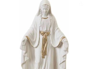 Estatua de la Virgen Inmaculada o Milagrosa de 10 cm (3,94'') en polvo de mármol blanco con Medalla Milagrosa de metal.