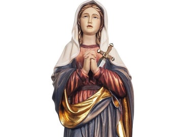 Estatua de madera pintada a mano de Nuestra Señora de los Dolores, realizada en Val Gardena.