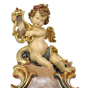Wooden holy water stoup with angel, 15 cm high (5.90 inches), made in Val Gardena - wall-mounted -
