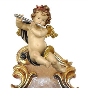 Wooden holy water stoup with angel, 15 cm high (5.90 inches), made in Val Gardena - wall-mounted -