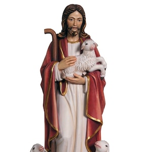 Statue of Jesus the Good Shepherd in Val Gardena wood. MADE IN ITALY. Sacred Heart of Jesus the Good Shepherd wooden statue.