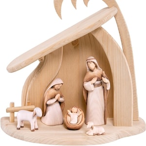 7-piece wooden nativity set, complete wooden nativity scene with hut in a modern style, TOP QUALITY created in Val Gardena