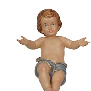 Baby Jesus wooden statue with manger, hand-painted and made in Val Gardena