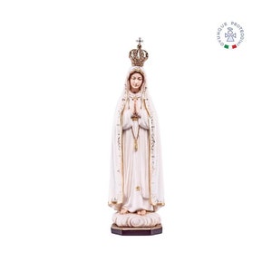 Estatua de madera de Nuestra Señora de Fátima con corona, realizada en Val Gardena.HECHO EN ITALIA. Estatua de madera de Nuestra Señora de Fátima con corona.