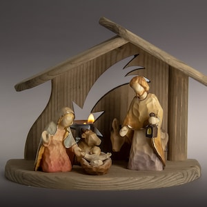 Wooden Nativity set, complete wooden Nativity scene with modern style hut created in Val Gardena.
