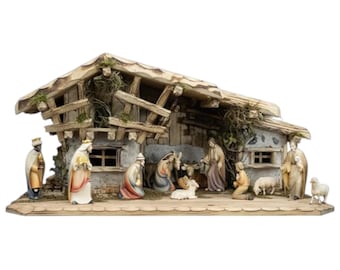 Complete wooden nativity scene set with hut | Made in Val Gardena | Complete Wooden Nativity Scene Set |