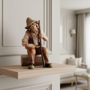 Op de afbeelding: Een handbeschilderd houten beeldje van een persoon met een baard, een hoed met brede rand, een vest en een broek, zittend op een boomstam. Het figuur houdt een lange houten staf in de ene hand en een kleine, ronde kom met witte inhoud in de andere.