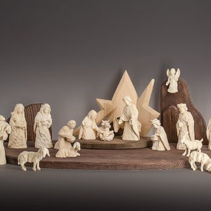 Wooden Nativity set, complete wooden Nativity scene with modern style hut created in Val Gardena. 20 pieces