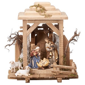Wooden nativity scene with lantern-shaped hut, all hand-painted in Val Gardena