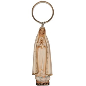 Llavero de madera de Nuestra Señora de Fátima, Estatua de Nuestra Señora de Fátima realizada en Val Gardena. Llavero de madera Nuestra Señora de Fátima