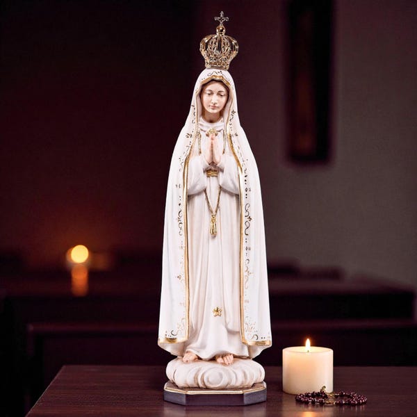 Wooden statue of Our Lady of Fatima with crown | Made in Val Gardena | Wooden statue of Our Lady of Fatima with crown.