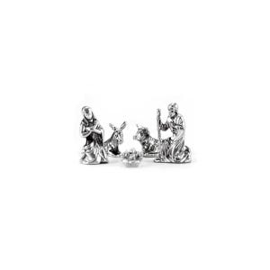 May include: A silver nativity scene set with figures of Mary, Joseph, a donkey, a cow, and a manger.