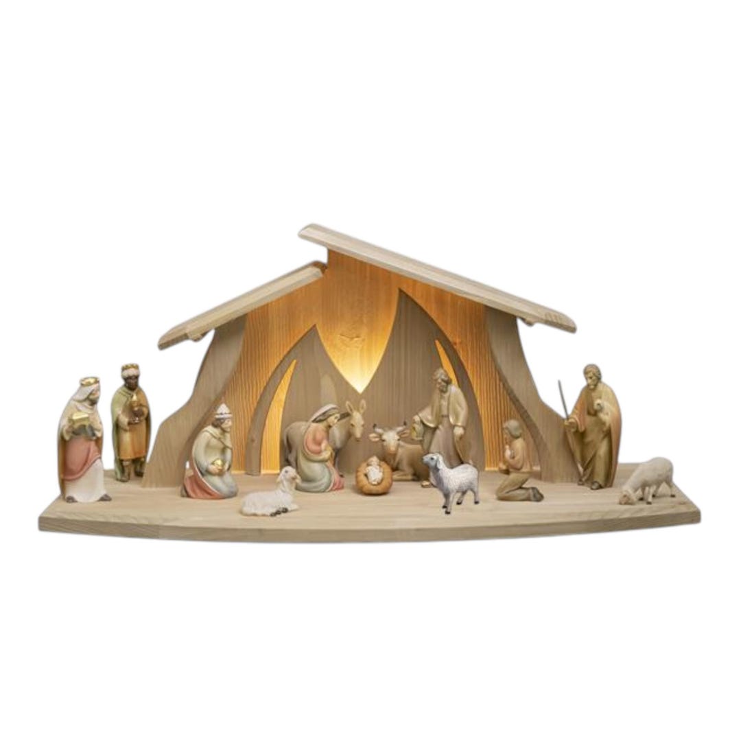 Modern-style Wooden Nativity Scene With Hut and LED Light | Made in Val ...