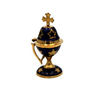 Brass Incense Burner with Blue Enameled Perforated Stars, 14 cm, Burner for charcoal and incense grains