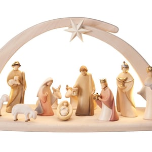 13-piece wooden nativity set, complete modern-style wooden nativity scene with hut and light created in Val Gardena