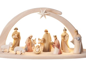13-piece wooden Nativity set, complete modern style wooden Nativity Scene with hut and light created in Val Gardena