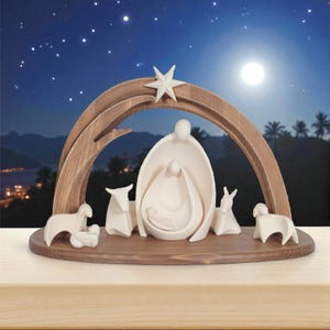 Complete wooden nativity scene with a modern, designer hut created in Val Gardena. New. From Italy.