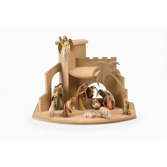 Wooden Nativity Set 12 Pieces, Complete Wooden Nativity Scene With
