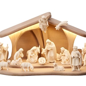 Modern wooden nativity set with light, complete wooden nativity scene with illuminated hut in a modern style created in Val Gardena