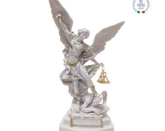 Statue of St. Michael the Archangel in white marble powder, 22 cm (8.66'') tall. With sword and scales. Made in Italy.