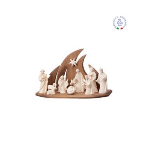 Wooden Nativity Set, Complete wooden nativity scene with modern style hut created in Val Gardena