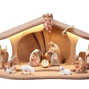 Modern wooden nativity set with light, complete wooden nativity scene with illuminated hut in a modern style created in Val Gardena 17 pieces