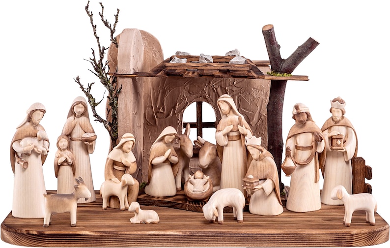 17-piece wooden Nativity set, complete wooden Nativity Scene with hut in a modern TOP QUALITY style created in Val Gardena image 1