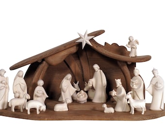 Nativity set in maple wood, complete wooden nativity scene with hut in a modern style created in Val Gardena. Wooden Nativity set.