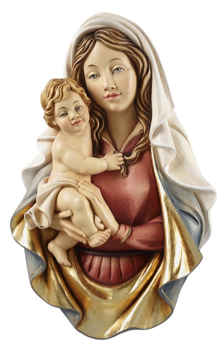 Madonna and Child plaque for hanging in Val Gardena wood. Wall mount.