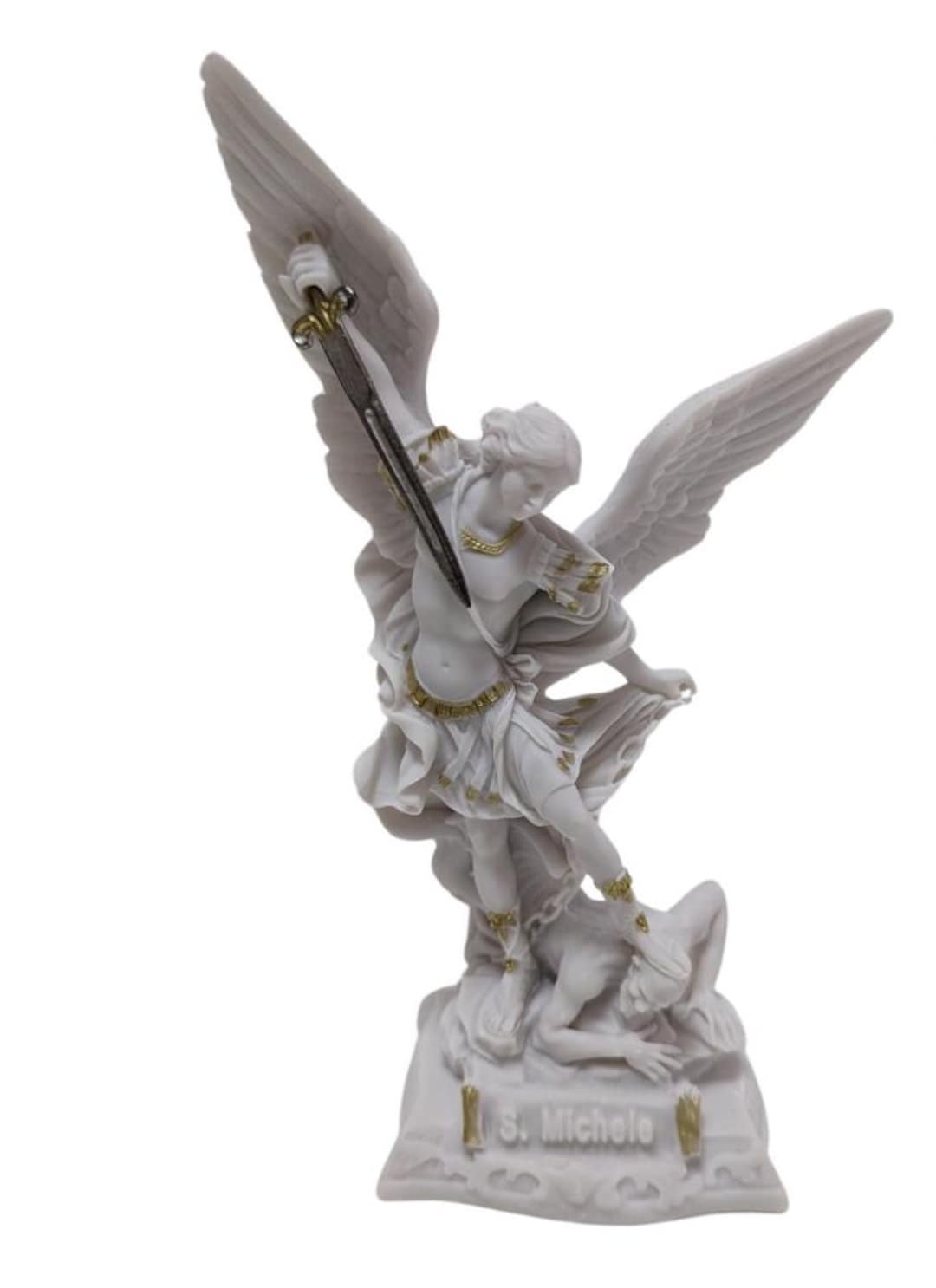 Buy Statue of Michael the Archangel, White With Gold Details, 17 Cm  in Marble From Italy Online in India