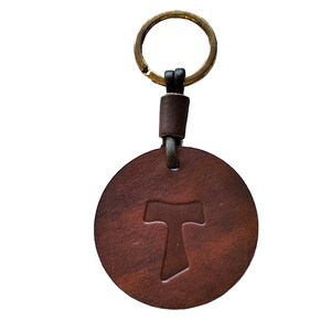 Genuine leather key ring with engraved Tau Cross. Gift idea. Symbol of St. Francis of Assisi.