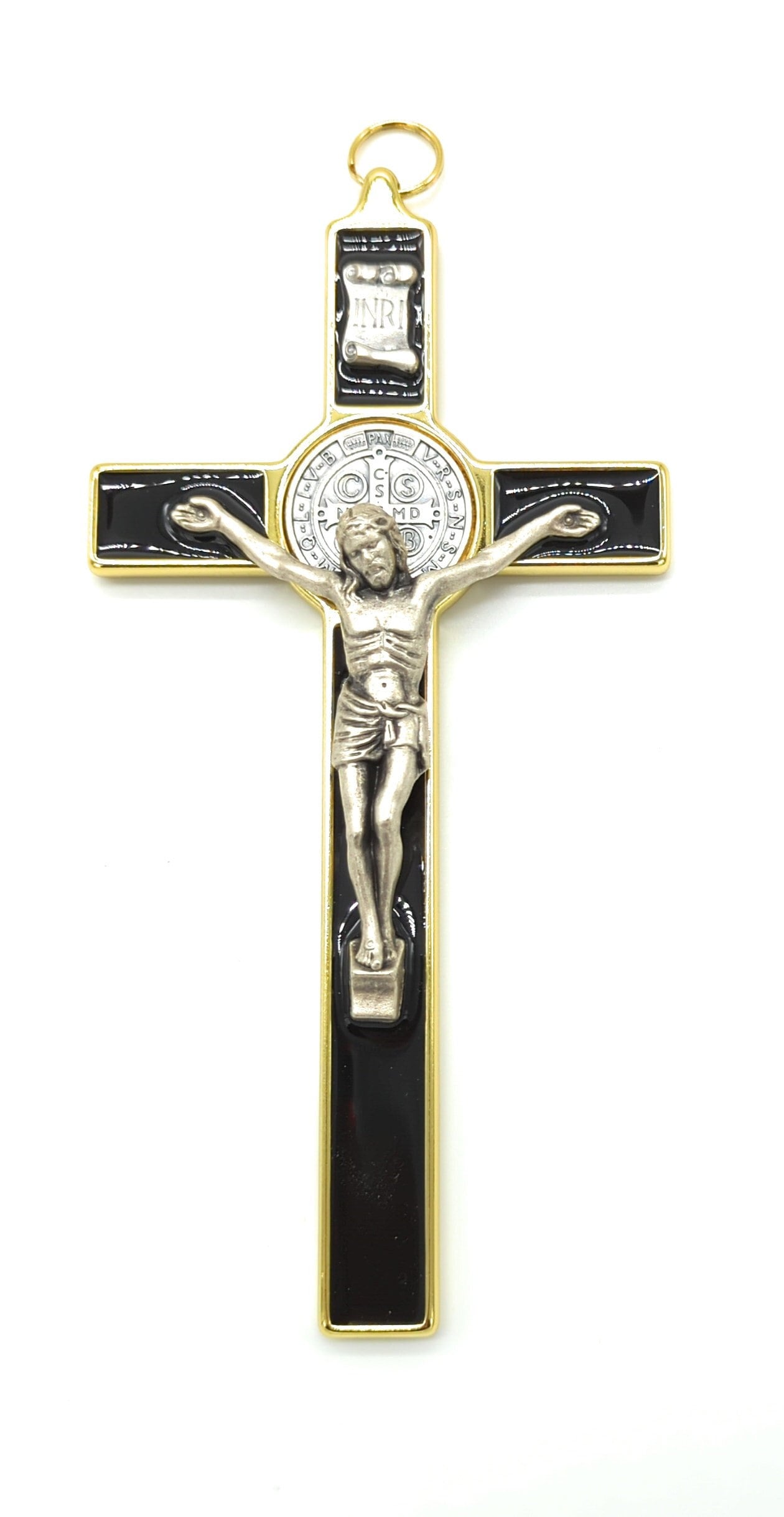 Zwart Kruis van Sint-Benedictus, 20 cm hoog met goudkleurige randen. Medaille van Sint-Benedictus. Zwart Kruis van Sint-Benedictus. Gemaakt in Italië.