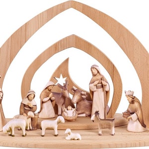 17-piece wooden nativity set, complete wooden nativity scene with hut in a modern style, TOP QUALITY, created in Val Gardena