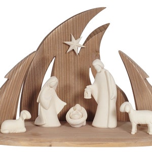 Wooden Nativity Set, Complete wooden nativity scene with modern style hut created in Val Gardena