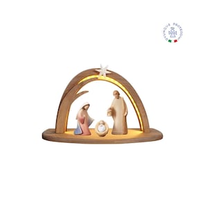 Wooden Nativity Set, Modern Holy Family, Wooden Nativity Scene with Modern Style Hut and Light Created in Val Gardena